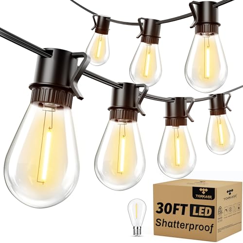 Torkase LED Outdoor String Lights 30FT Patio Lights with Shatterproof S14 Edison Bulbs, Dimmable Outside Hanging Light Connectable for Porch, Deck, Garden, Backyard, 2200K