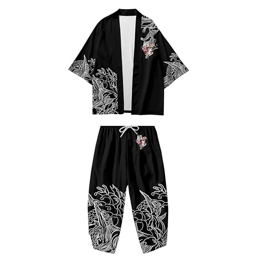 Image of DOSLAVIDA Men's Japanese Kimono Jacket Set Stylish Open Front Coat With Shorts Chinese Style Printed Cardigan Suit