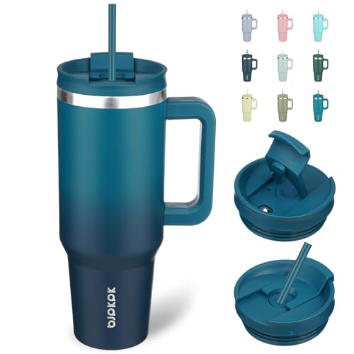 BJPKPK 1200 ml Isolierter Edelstahl-Becher mit Griff, Deckel und Strohhalm – Wiederverwendbarer Thermobecher für Reise, Kaffee und Tee, Indigo Schwarz 1