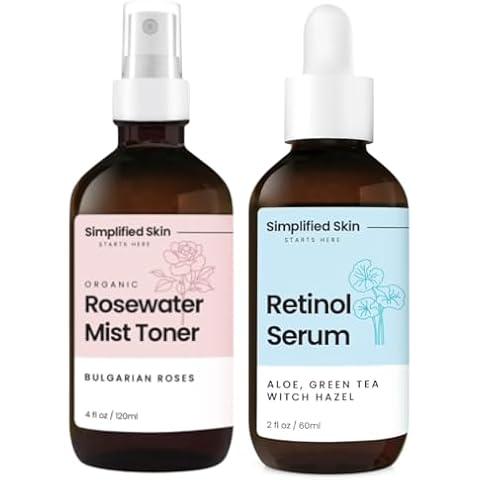 Simplified Skin Rose Water for Face & Hair 4 Oz + Retinol Serum 2.5% for Face with Vitamin E, Hyaluronic Acid & Green Tea 2 Oz Cover