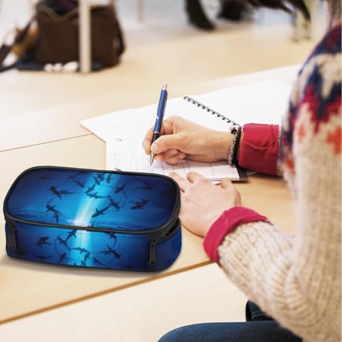 Image of Ocean Animal Sharks Pencil Case Pen Holder Large Capacity Black Stationery Organizer Pencil Bag with Zipper for Boys Girls Sea Sharks Kids Pencil Pouch Storage Box for School College Office
