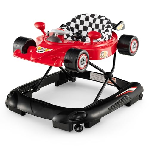 Image of INFANS Foldable Baby Walker, 3 in 1 Toddler Activity Center Leaning-Seated Walk-Behind with Steering Wheel, Adjustable Height, Lights, Music, Washable Seat Cushion (Red)