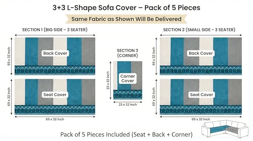 Image of Velvet L Shape 3+3 (6 Seater) Sofa Cover Fully Covered | Anti Skid Non Slip | Printed Aqua Blue | Washable Furniture Protector
