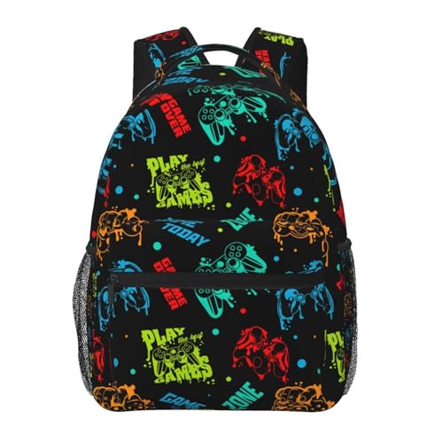 Colorful Neon Video Game Controller Backpack Large Capacity Lightweight Casual Travel Sports Backpack 11.4X7.8X15.7 inch