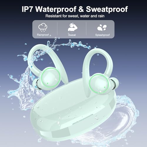 Image of Wireless Earbuds, Bluetooth 5.4 Headphones Sport, Over Ear Buds With ENC Noise Cancelling Mic, 48H, Wireless Earphone With Earhooks, Stereo Deep Bass, IP7 Waterproof for Workout Running, Light Blue