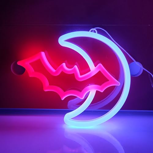 Image of JYWJ Bat Moon LED Neon Signs Desktop Wall Decoration Light | USB or Battery Powered, 3-AA Battery Option, Party Decoration, Business Decor Use, Desktop & Wall Mount