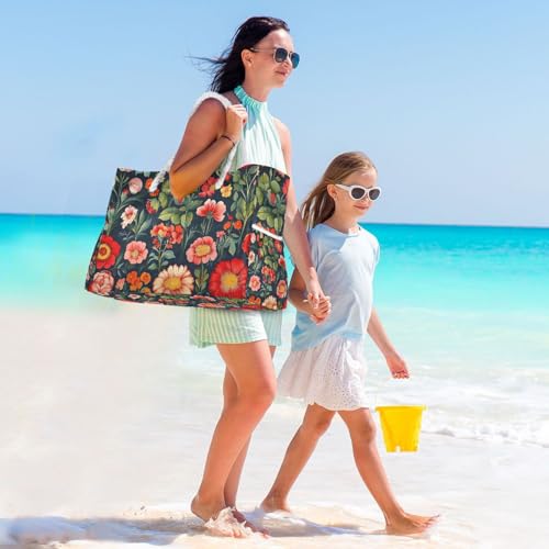 Colorful Flower Black Beach Bag for Women Large Beach Tote Bag with Zipper for Travel Vacation3
