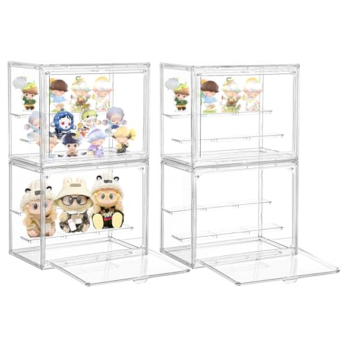 Image of Acrylic Display Case,4 Pack 3 Layer Clear Display Case Adjustable Display Box Stand with 2 Movable Dividers Small Showcase Magnetic Door for Collections Mini Figures