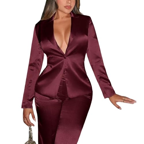 Women's Satin Suit 2 Piece Shiny One Button Blazer Pants Sets Solid Casual Outfits Jacket Pants4