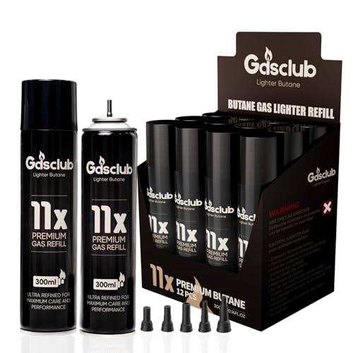 Butane Fuel Refill 11X Ultra-Refined Butane Gas Universal 99.99% Premium Butane Can for Refillable Jet Flame Lighters, Torches, and Culinary Use (12 Cans)