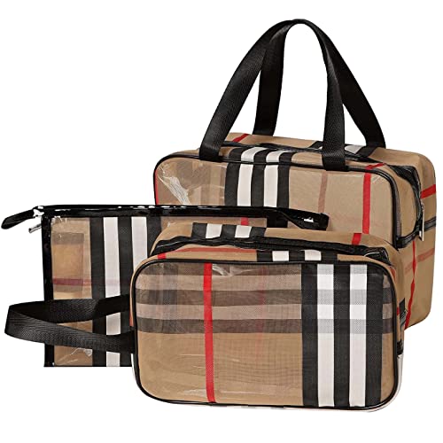 SNDIA Set of 3 PVC Stripe Makeup Bag Gift for Women and Girls, Transparent Makeup Bag Waterproof Travel Cosmetic Bag Portable Makeup Organizer for Women and Girls Toiletry Pouch
