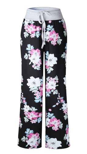 Image of Elsofer Women's Comfy Lounge Pants Soft Floral Pajama Pants Loose Drawstring Wide Leg Palazzo Pants for Sleep, Casual Wear