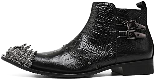 Santimon Men's Chelsea Boots - Genuine Leather Western Ankle Boots with Metal Wingtip-Toe, Zipper & Buckles - Dress & Casual Boots for Party, Disco, Wedding, Prom & Singer3