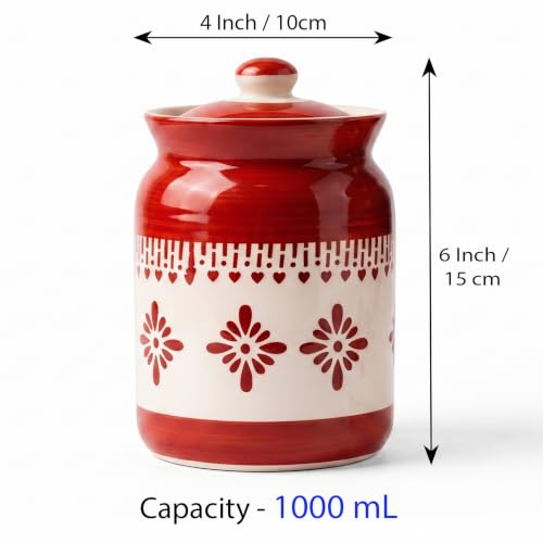 Image of D'Maiolica Ceramic Handmade Pickle Jars in 1000ml (set of 2) | Floral Bale 1 kg Achaar Martban | Ceramic Jadi for Kitchen Storage (Set of 2) | Jars for Achar, Spices, Salt (Royale Red Heartline)