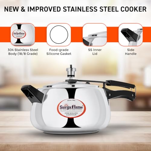 Image of Surya Flame Stainless Steel 5 Litre Pressure Cooker with Inner Lid, Magma Gas & Induction Compatible, ISI Certified (Silver), 3-Year Doorstep Warranty