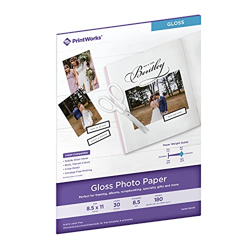 Printworks Gloss Photo Paper, for Use with Inkjet Printers, Heavyweight 8.5 mil, 8.5 x 11, 30 Sheets (00470), White