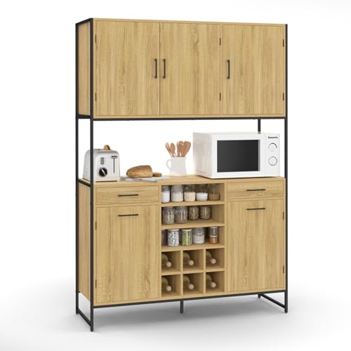 IDMarket - Aparador de cocina (120 cm, 5 puertas, cajones y botellas, diseño industrial