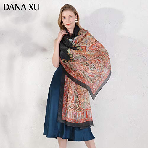 DANA XU 100% Mulberry Satin Silk Summer Travel Scarf Extra Large Women Floral Shawl Oversize Soft Wraps For Evening Dresses - Image 5