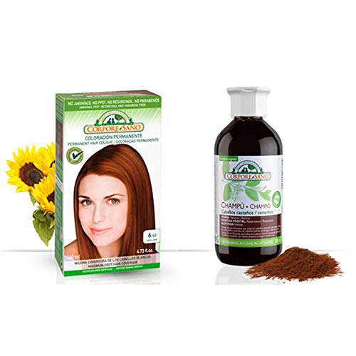 Pack Coloracion AVELLANA 6.43 Permanente 140ml + Champu Henna CASTAÑO 300ml - Tinte sin amoníaco, resorcinol ni parabenos. Los champús a la Henna potencian la durabilidad del color