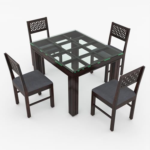 Image of Solid Sheesham Wood Dining Glass Top Table Set of 4| Wooden 4 Seater Dining Table with 4 Chairs with Cushion|Wood Dining Table & Chairs for Home, Restaurant, Cafe,Dining Room|Walnut Finish