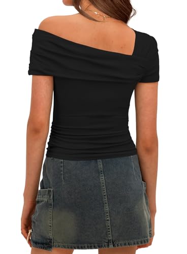 Darong Women's Summer Short Sleeve One Off The Shoulder Top Ruched Going Out Tops Slim Fit Y2K Shirt3
