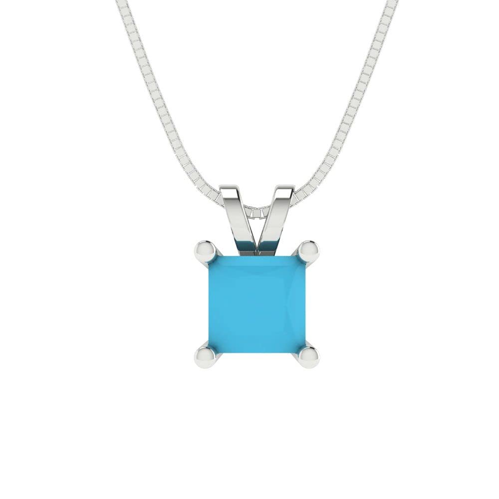 Clara Pucci 2.95ct Princess Cut Designer Simulated Blue Turquoise Gem Solitaire Pendant Necklace With 16" Gold Chain box 14k White Gold