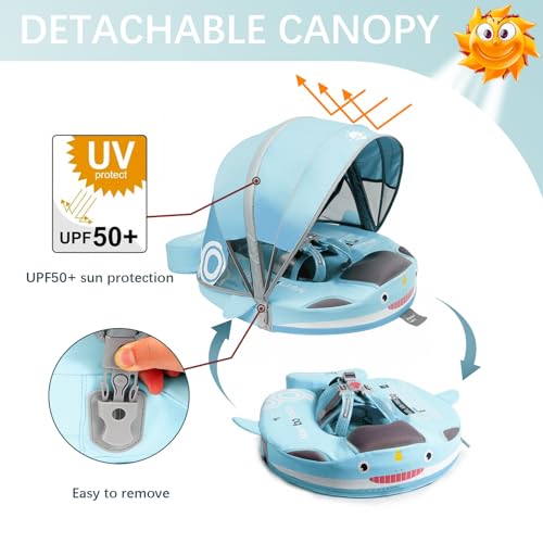 Image of Baby Pool Float with UPF50+ 3D Adjustable Canopy, Add Tail Mambobaby Float Non Inflatable Infant Floats for Pool, Cartoon Narwhal Baby Floats (NGreen with Canopy-T05NGCTLUROHML01T05)