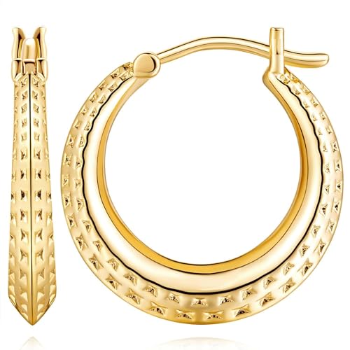 14K Gold Earrings for Women Chunky Hoop Earrings 14K Gold, Lightweight & Small Hoop Earirng for Women with Hinged Clasp 20MM