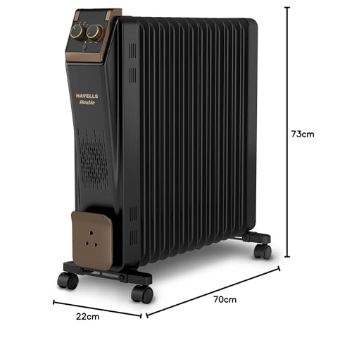 Image of Havells 13 Fin Oil Filled Room Heater (OFR) | Advanced New U-Tech Fast Heating Fins with 10-Year Warranty | 2900W | ISI Approved | PTC Fan Heater | Inclined Control Panel | Black