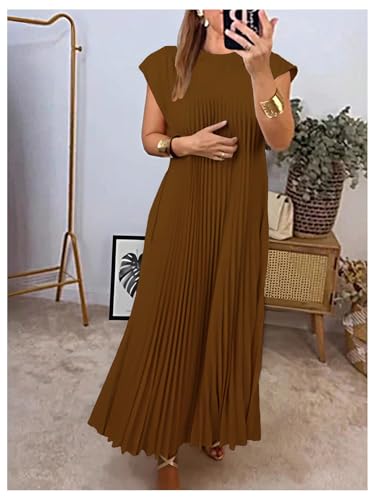 Image of GORGLITTER Women's Pleated Flowy Chiffon Church Dresses Elegant Summer Short Sleeve Wedding Guest Maxi Dress Outfits