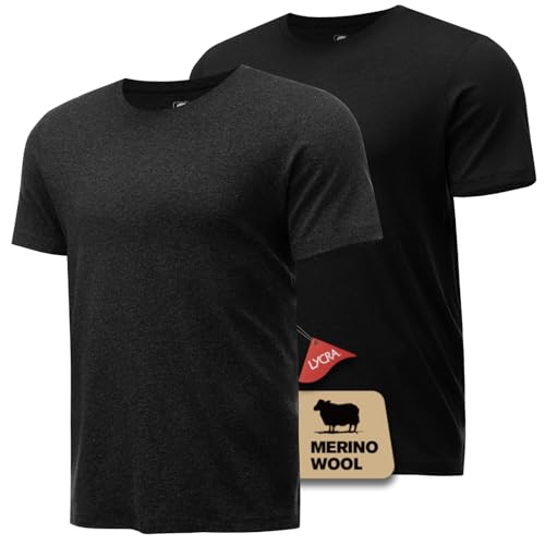 Heat equation Merino Wool Shirt for Men Bamboo Viscose Moisture Wicking Undershirt Lightweight Crewneck Soft T-Shirt 2P