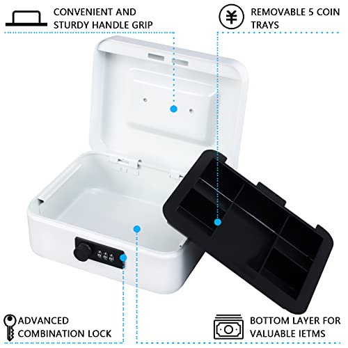 Image of KYODOLED Cash Box with Combination Lock,Safe Metal Box for Money,Storage Lock Box with Money Tray,7.87 inchx 6.30 inchx 3.54 inch White Medium