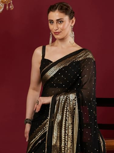 Image of SAMAH Women's Georgette Foil Printed Lace Work Saree with Unstitched Blouse Piece