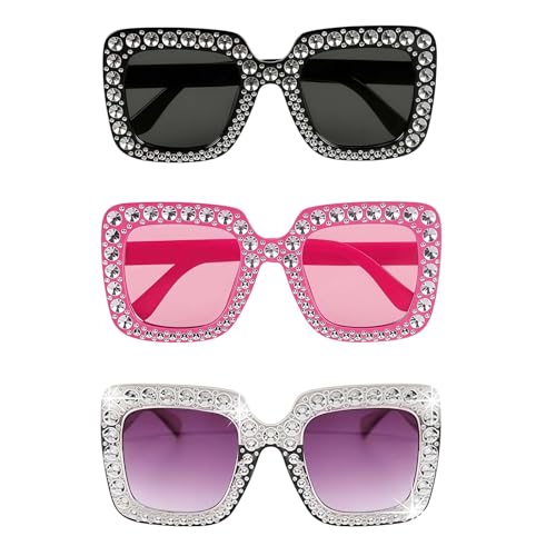 AHEZQILU 3 Pcs Lunette Disco Paillettes et Deguisement Disco, Lunette Annee 80 Vintage pour Femme Homme, Lunettes de Soleil Strass Carrées Oversize pour Soirée Fête Carnaval (Noir, Rose, Argent)