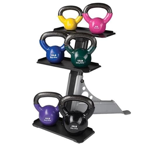 Body-Solid Vinyl Coated Kettlebell Set (KBVS70PACK) with Kettle Grip Chrome Handle, Kettlebells for Weight Training and Core Workout Equipment with 3-Tier Kettle Bell Rack, Set 5-20 lbs. Set