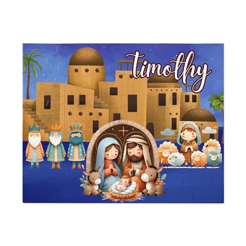Hiding Place Boutique, Handmade Personalized Baby Jesus Nativity Child Name Puzzle Jigsaw Game Custom Kid Merry Christmas Three Wise Men Shepherds Mary Joseph Santa Savior of the World For Unto Us