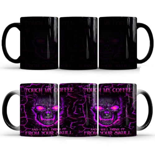 Hosoncovy Ceramic Skull Hot Heat Color Changing Mug Hot Heat Sensitive Coffee Mug with Handle Water Tea Drink Cup for Home Office Gift (Purple)