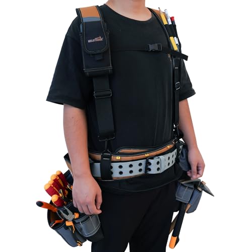 Image of MELOTOUGH Tool Belt with Suspenders Tool Bag Suspenders Framers Comb Apron Tool Belt Construction Tool Pouch Builder Heavy Duty Carpenter Suspension Rig for Electrician, Roofing,Contractor(Khaki)