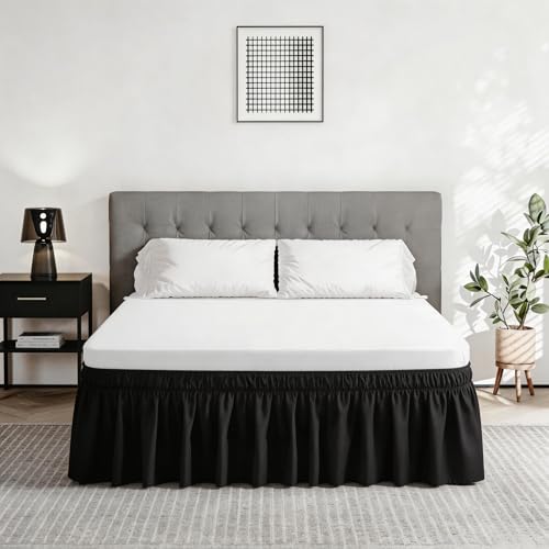 Vocander Wrap Around Black Queen Size Bed Skirt 14 Inch Drop Elastic Dust Ruffle Easy to Put On Solid Bedskirt Polyester Fabric Machine Washable Dryable and Ironable