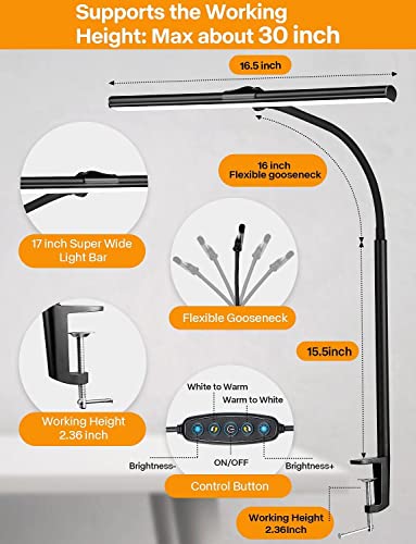 Image of LED Desk Lamp with Clamp - Dimmable Flexible Office Lamp with 5 Colour Modes 5 Brightness for Architect PC Work Study Reading Drawing
