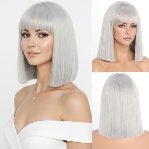 SIMKAYLEE Kurze Glatte Silber Bob Perücke Damen Kurz Gerade Silberne Perücke mit Pony Schulterlange Perrücke Frauen für Karneval Fasching Anime Halloween Cosplay Alien Silver Short Wig (30cm)