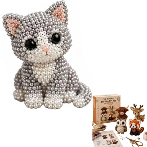 MATISUN 3D Beaded Animal Kit, Tiny DIY Animal Beading Craft Kit with Colorful Embroidery Beads & Instructions for Beginners & Adults (Cat)