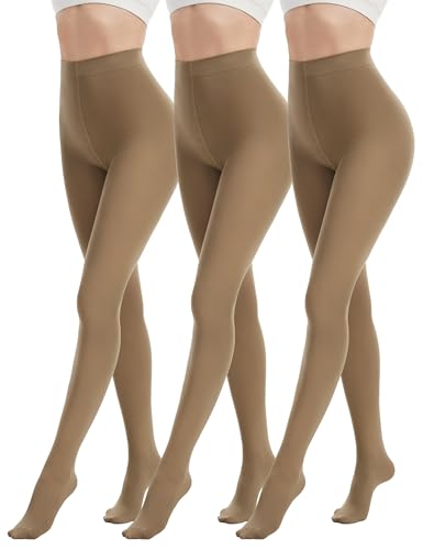 DDOBB 3 Pairs 80D Tights for Women Opaque Black High Waisted Stockings Womens Footed Pantyhose with Reinforced Toe Suntan XX-Large-3X-Large