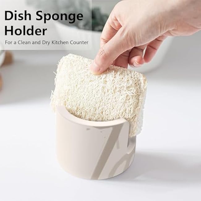 Kitchen Sponge Holder for Sink, Diatomite Standing Dish Sponge Holder Cup, Ceramic Fast Drying Stone Sink Caddy Kitchen Sink Organizer for Kitchen Counter Dish Small Sink Caddy, Beige
