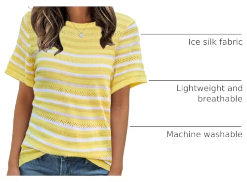 Image of ANCAPELION Women's Short Sleeve Sweater Top Striped Knit Crew Neck Pullover for Summer Trendy Shirts