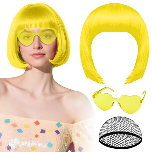 PLULON Yellow Bob Wig with Heart Sunglasses and Hair Cap for Women Short Bob Wigs Synthetic Colored Funny Cosplay Hairpieces for Women Men Neon Bachelorette Halloween Costume Party Decorations