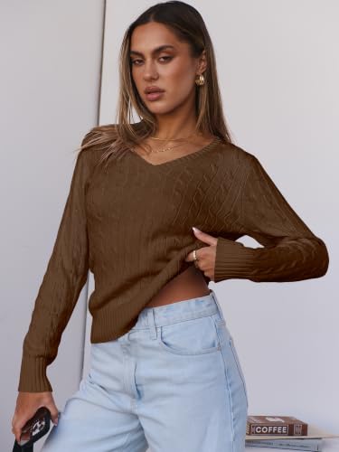 Image of ANRABESS Women's Cable Knit V Neck Fitted Sweaters