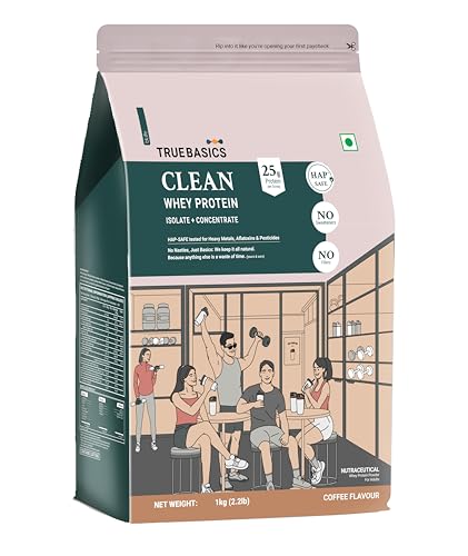 Image of TrueBasics Clean Whey Protein Powder Isolate & Concentrate Blend (Coffee, 1kg) | 25g Protein per Scoop | Trustified Gold Certified