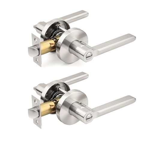 Probrico Heavy Duty Privacy Door Handles, 2 Pack Brushed Nickel Interior Lever with Lock for Bathroom Bedroom, Round Reversible Lockset