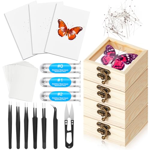 Image of Spiareal 32 Pcs Insect Specimen Tools Kit Include 3.54 x 3.54 x 1.77 in 4 Pcs Display Case Box 3 Foam Pinning Board 3 Tubes Pins 6 Tweezers Butterfly Insect Pinning Kit Entomology Collection Supplies